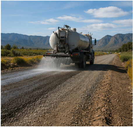 Water truck applying Build A Road® stabilizer to a graded road surface